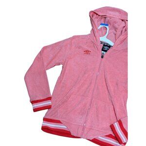 NWT Umbro Girl Large 10/12 Hooded Track Jacket Pink Red Trim Terry Logo Full Zip